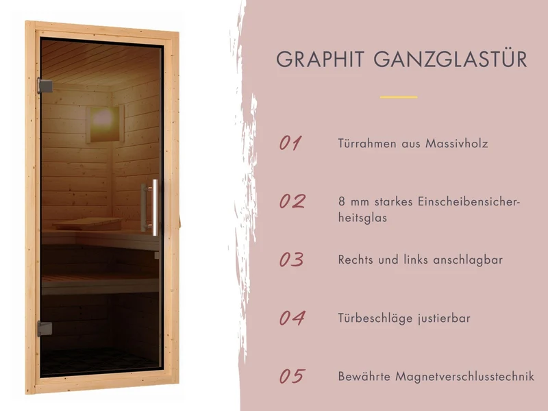 Karibu Sauna Sodin inkl. 9 kW Bioofen ext. Steuerung mit Klarglas Ganzglastür - ohne Dachkranz -