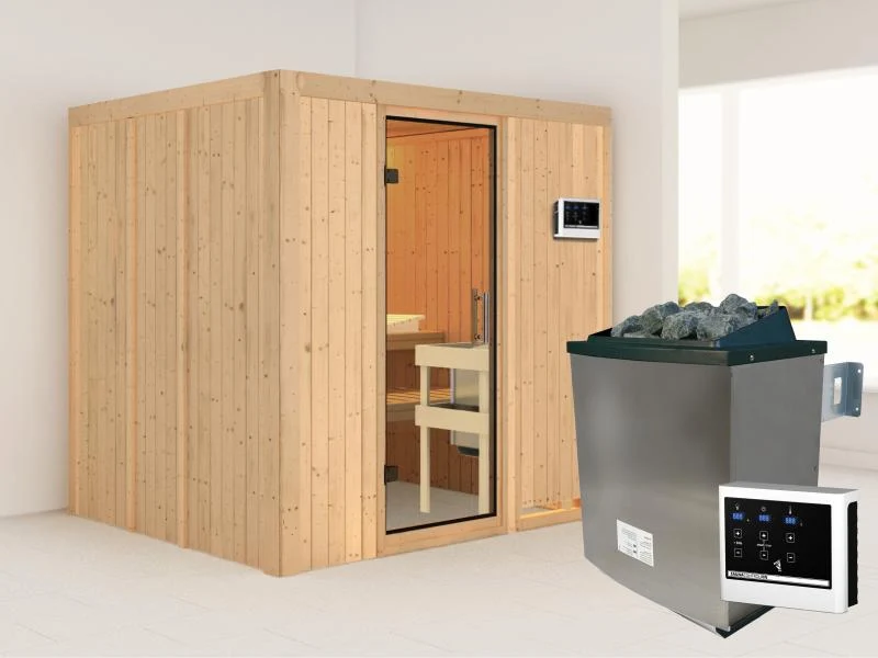 Karibu Sauna Sodin inkl. 9 kW Ofen ext. Steuerung mit Klarglas Ganzglastür - ohne Dachkranz -