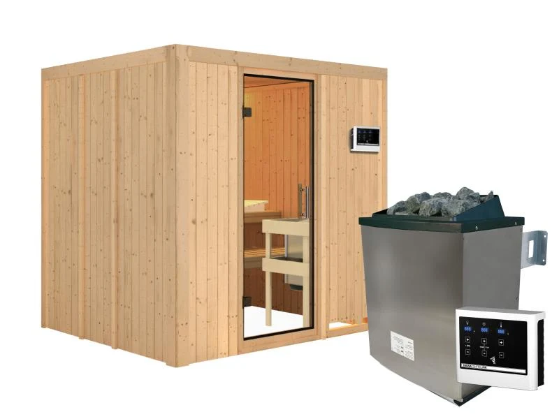Karibu Sauna Sodin inkl. 9 kW Ofen ext. Steuerung mit Klarglas Ganzglastür - ohne Dachkranz -