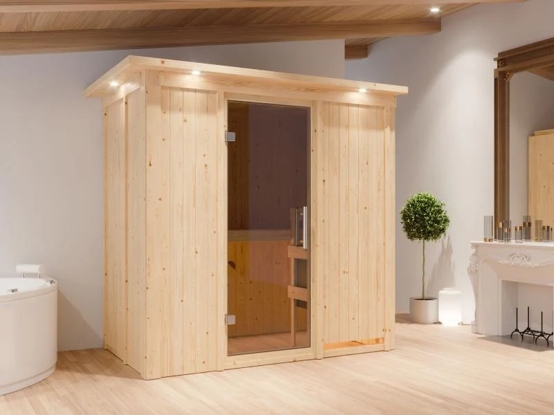 Karibu Sauna Variado inkl. 9 kW Ofen integr. Steuerung, mit moderner Saunatür -mit Dachkranz-
