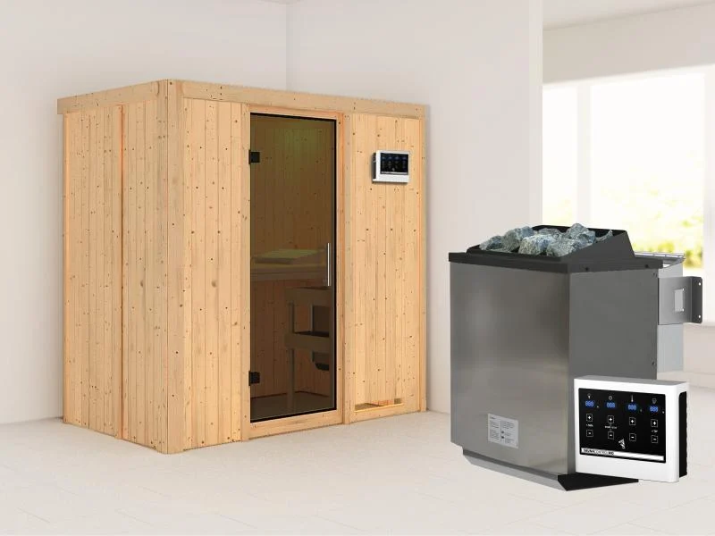 Karibu Sauna Variado inkl. 9 kW Bioofen ext. Steuerung, mit moderner Saunatür -ohne Dachkranz-