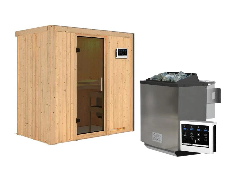Karibu Sauna Variado inkl. 9 kW Bioofen ext. Steuerung, mit moderner Saunatür -ohne Dachkranz-