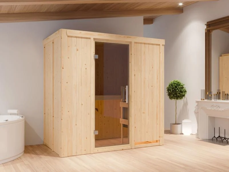 Karibu Sauna Variado mit 9 kW Ofen ext. Steuerung, mit moderner Saunatür -ohne Dachkranz-
