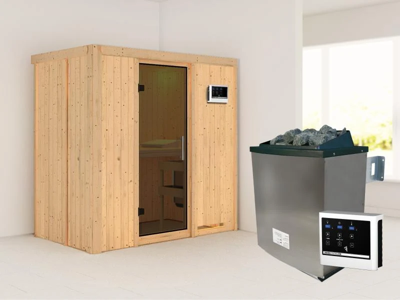 Karibu Sauna Variado mit 9 kW Ofen ext. Steuerung, mit moderner Saunatür -ohne Dachkranz-