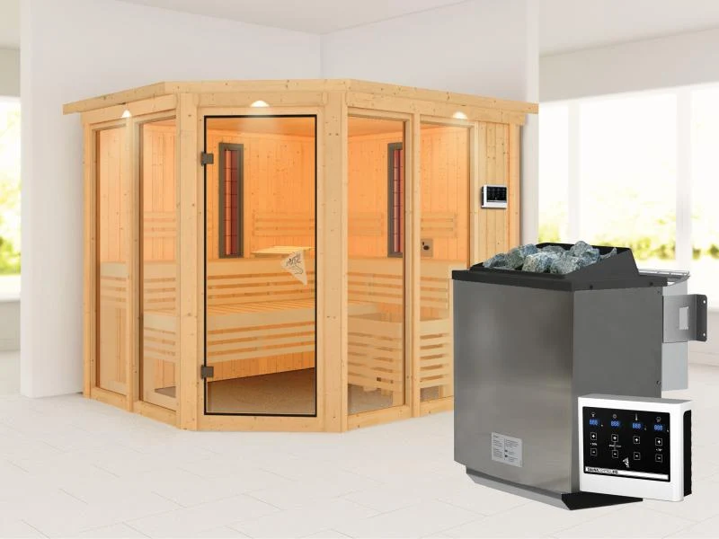 Karibu Multifunktions-Sauna Ava mit Dachkranz, 9 kW Bioofen und Infrarotstrahler