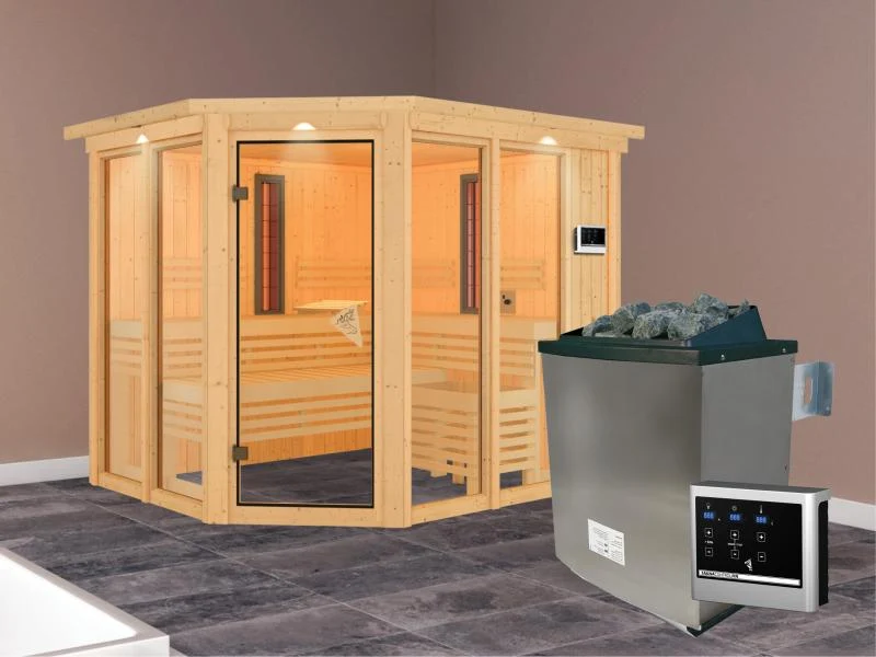 Karibu Multifunktions-Sauna Ava mit Dachkranz, 9 kW Ofen und Infrarotstrahler