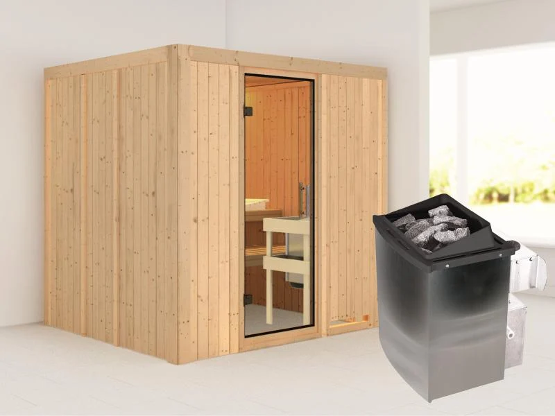 Karibu Sauna Sodin inkl. 9 kW Ofen integr. Steuerung mit Klarglas Ganzglastür - ohne Dachkranz -