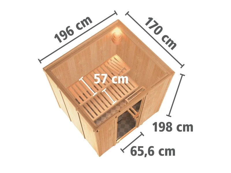 Karibu Sauna Sodin inkl. 9 kW Ofen integr. Steuerung mit Klarglas Ganzglastür - ohne Dachkranz -