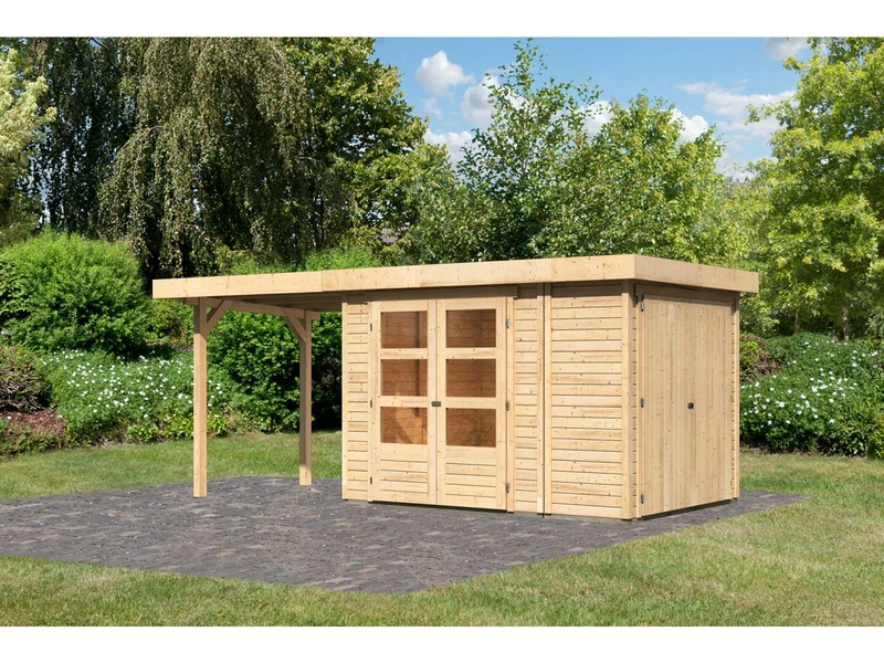 Karibu Gartenhaus Retola 2 natur mit Anbauschrank und 2,40 Meter Anbaudach