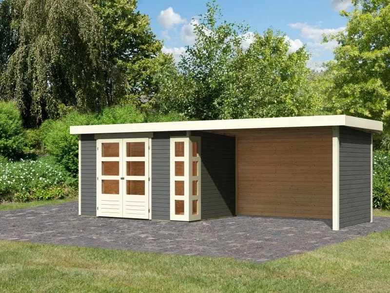 Karibu Gartenhaus Kerko 4 in terragrau mit Anbaudach 2,80 m und Rück-und Seitenwand