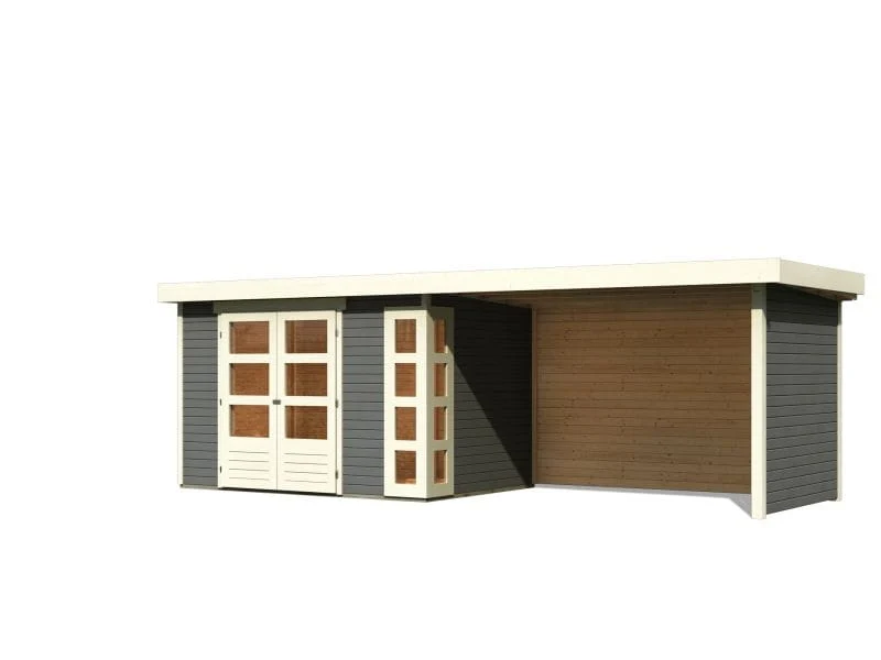 Karibu Gartenhaus Kerko 4 in terragrau mit Anbaudach 2,80 m und Rück-und Seitenwand