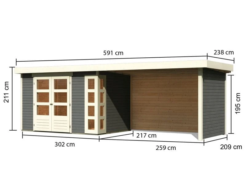 Karibu Gartenhaus Kerko 4 in terragrau mit Anbaudach 2,80 m und Rück-und Seitenwand
