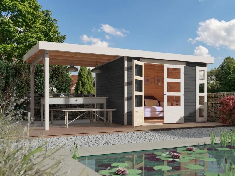Karibu Gartenhaus Kerko 4 in terragrau mit Anbaudach 2,80 m