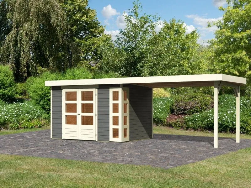 Karibu Gartenhaus Kerko 4 in terragrau mit Anbaudach 2,80 m