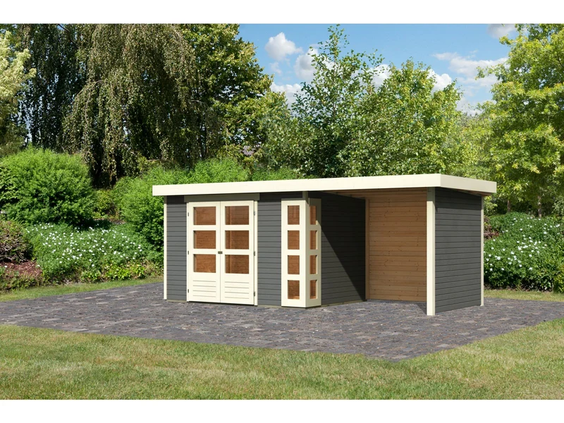 Karibu Gartenhaus Kerko 4 in terragrau mit Anbaudach 2,40 m und Rück-und Seitenwand