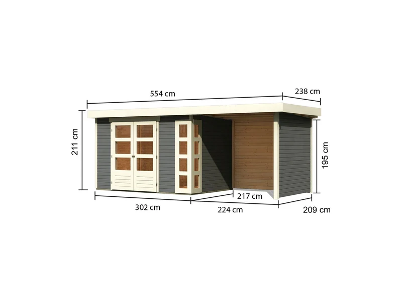 Karibu Gartenhaus Kerko 4 in terragrau mit Anbaudach 2,40 m und Rück-und Seitenwand