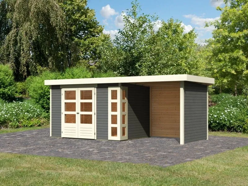 Karibu Gartenhaus Kerko 4 in terragrau mit Anbaudach 2,40 m und Rück-und Seitenwand