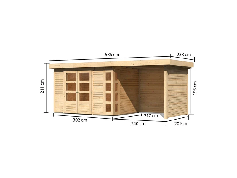 Karibu Gartenhaus Kerko 4 natur mit Anbaudach 2,40 m und Rück-und Seitenwand