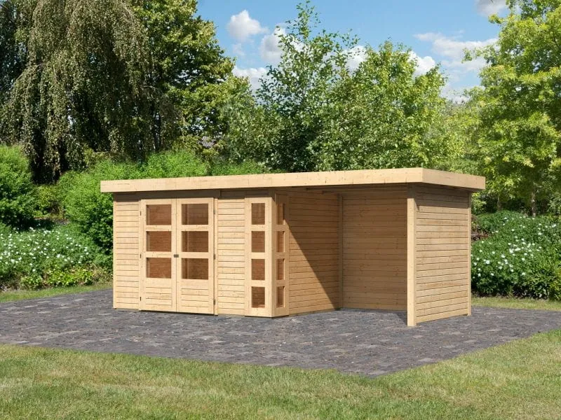 Karibu Gartenhaus Kerko 4 natur mit Anbaudach 2,40 m und Rück-und Seitenwand