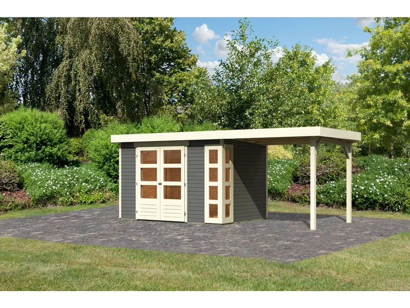 Karibu Gartenhaus Kerko 4 in terragrau mit Anbaudach 2,40 m