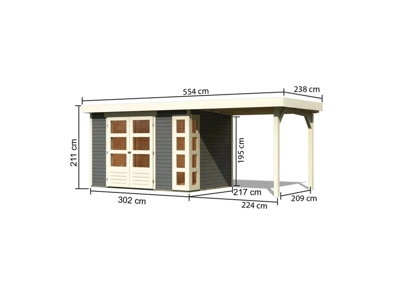 Karibu Gartenhaus Kerko 4 in terragrau mit Anbaudach 2,40 m