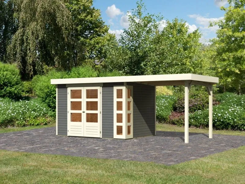 Karibu Gartenhaus Kerko 4 in terragrau mit Anbaudach 2,40 m