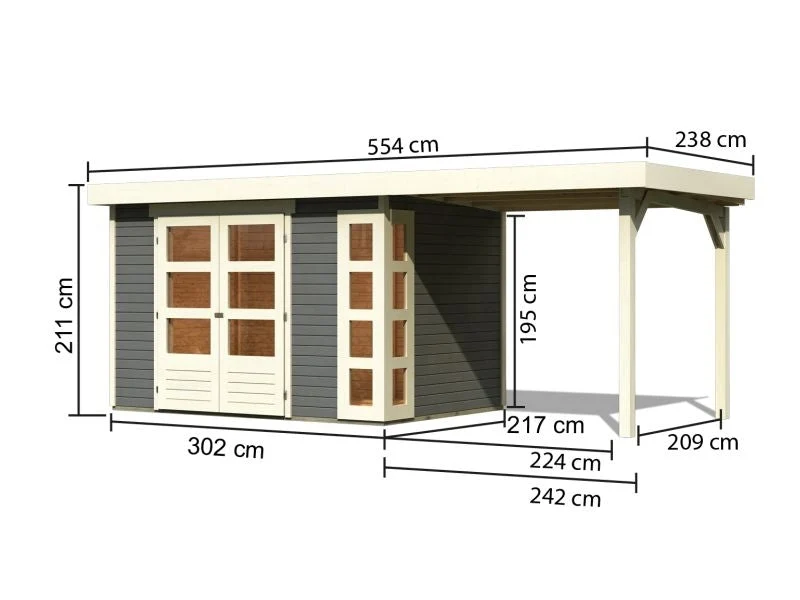 Karibu Gartenhaus Kerko 4 in terragrau mit Anbaudach 2,40 m