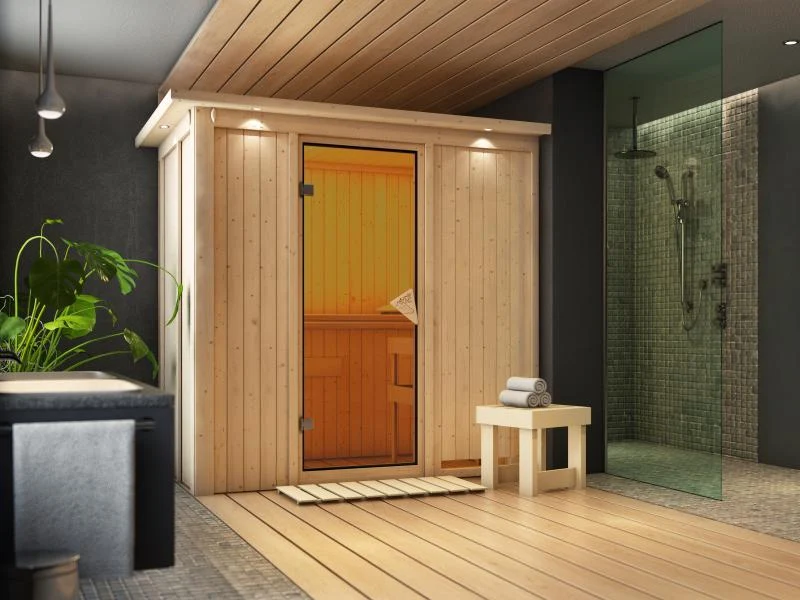 Variado - Karibu Sauna ohne Ofen-mit Dachkranz-mit klassischer Saunatür