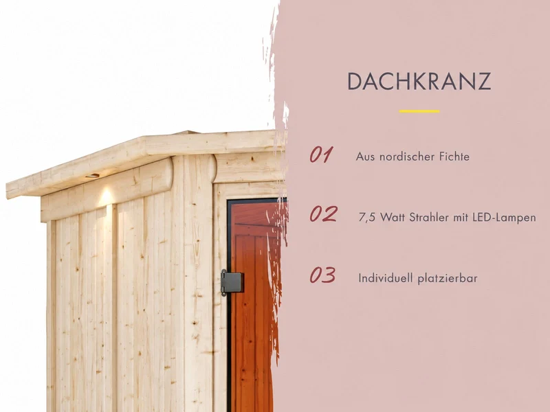 Karibu Sauna Carin inkl. 9 kW Bioofen ext. Steuerung mit Klarglas Ganzglastür - mit Dachkranz -