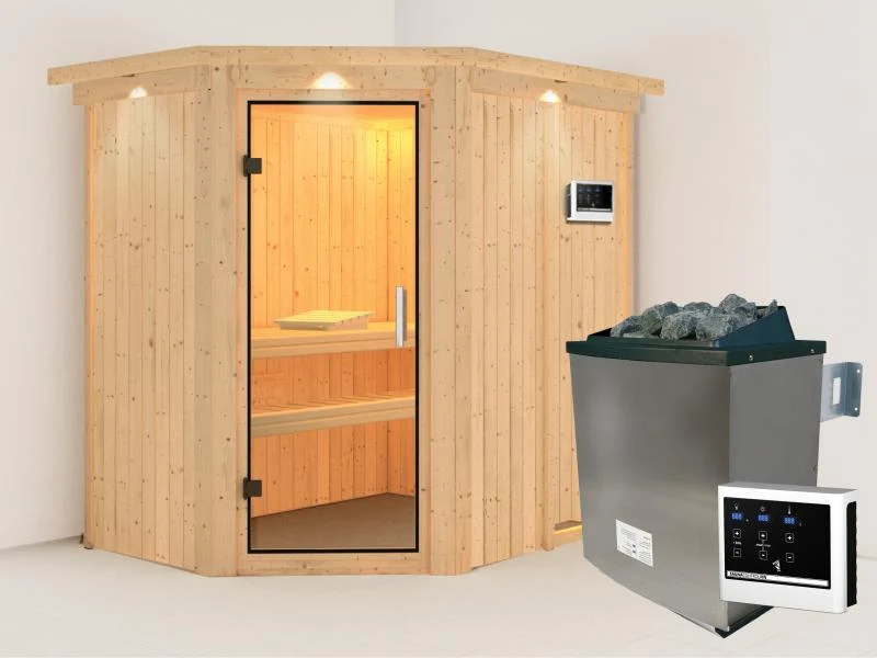 Karibu Sauna Carin inkl. 9 kW Ofen ext. Steuerung mit Klarglas Ganzglastür - mit Dachkranz -