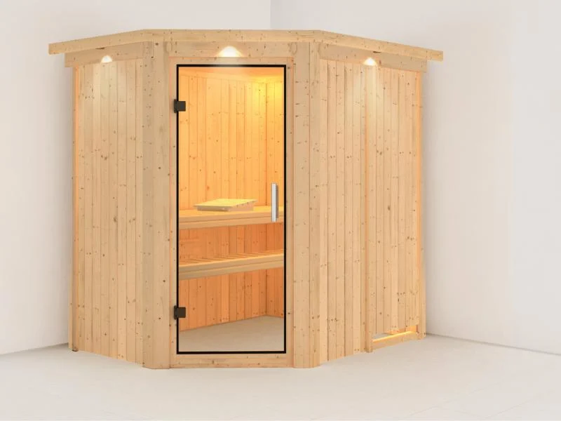 Karibu Sauna Carin ohne Ofen, mit Dachkranz, mit Klarglas Ganzglastür