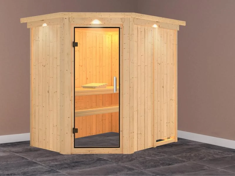 Karibu Sauna Carin ohne Ofen, mit Dachkranz, mit Klarglas Ganzglastür