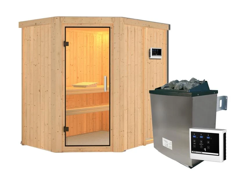 Karibu Sauna Carin inkl. 9 kW Ofen ext. Steuerung mit Klarglas Ganzglastür - ohne Dachkranz -