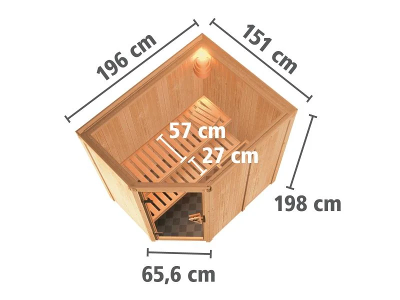 Karibu Sauna Carin inkl. 9 kW Ofen ext. Steuerung mit Klarglas Ganzglastür - ohne Dachkranz -