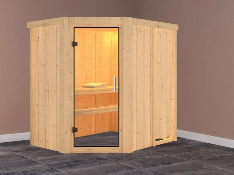 Karibu Sauna Carin ohne Ofen, ohne Dachkranz, mit Klarglas Ganzglastür