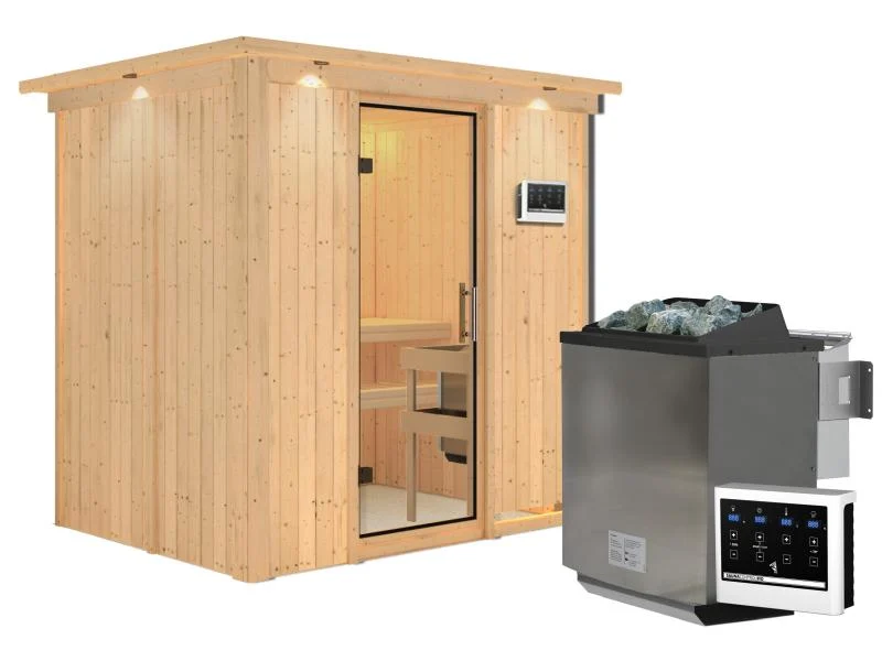 Karibu Sauna Bodin inkl. 9 kW Bioofen ext. Steuerung mit Klarglas Ganzglastür -mit Dachkranz-