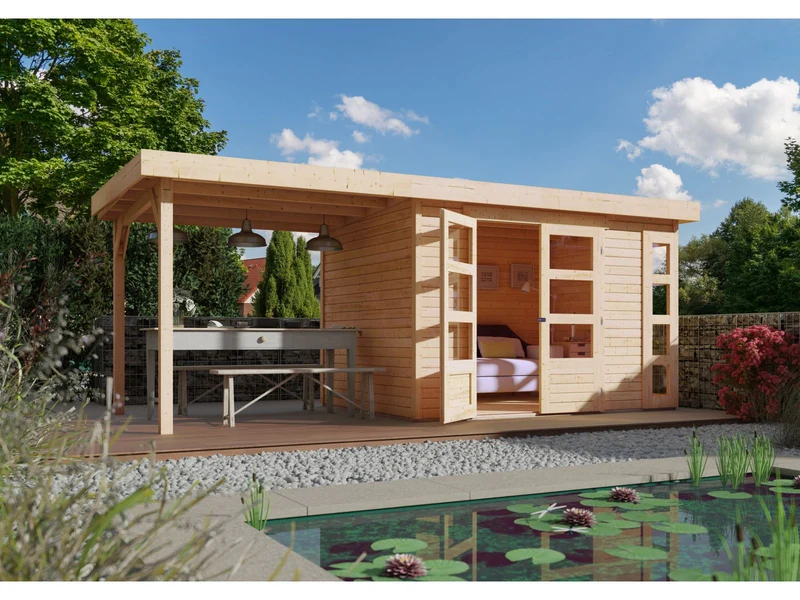 Karibu Gartenhaus Kerko 4 natur mit Anbaudach 2,40 m