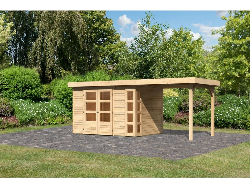 Karibu Gartenhaus Kerko 4 natur mit Anbaudach 2,40 m