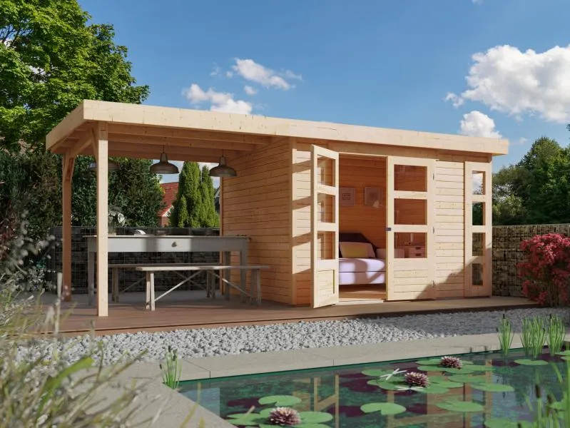 Karibu Gartenhaus Kerko 4 natur mit Anbaudach 2,40 m