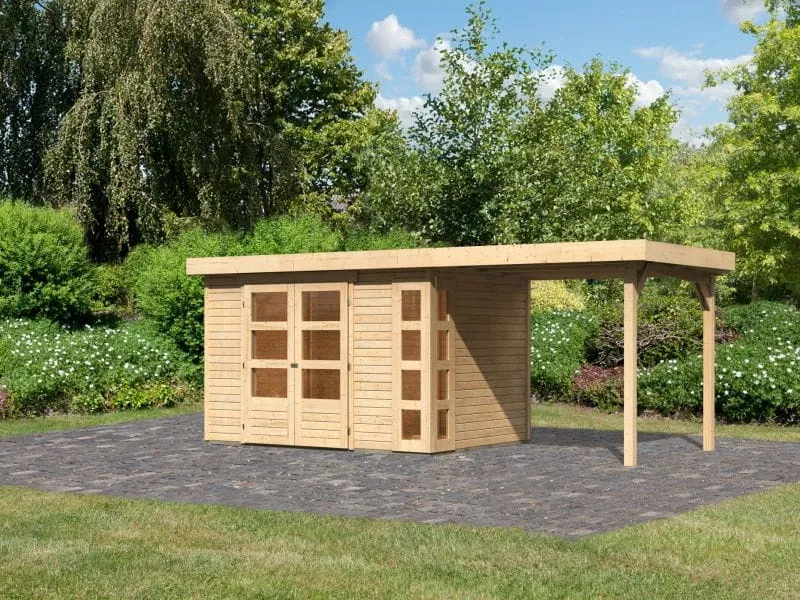 Karibu Gartenhaus Kerko 4 natur mit Anbaudach 2,40 m