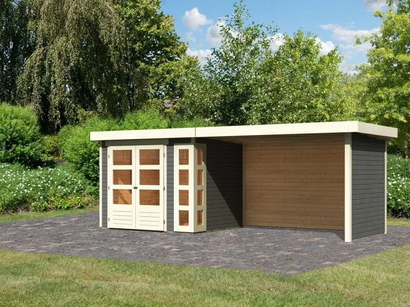 Karibu Gartenhaus Kerko 3 in terragrau mit 2,80 m Anbaudach inklusive Rück-und Seitenwand