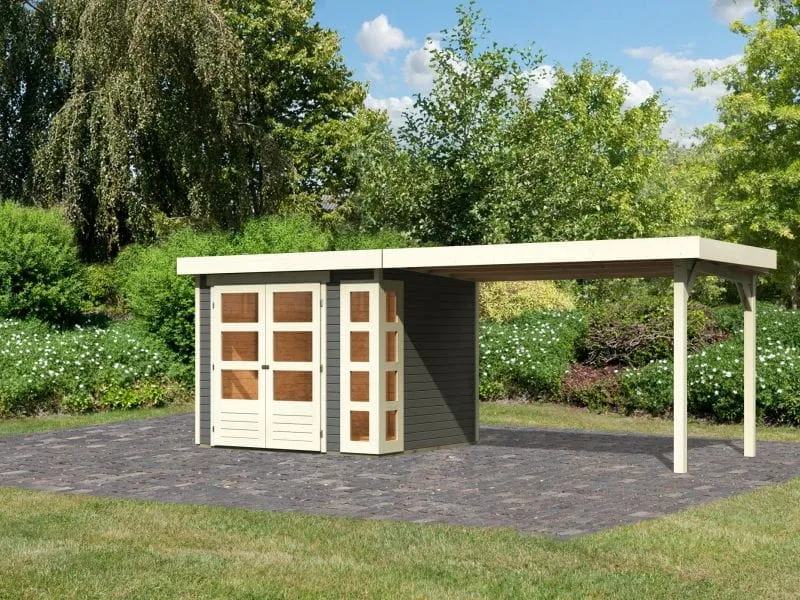 Karibu Gartenhaus Kerko 3 in terragrau mit 2,80 m Anbaudach