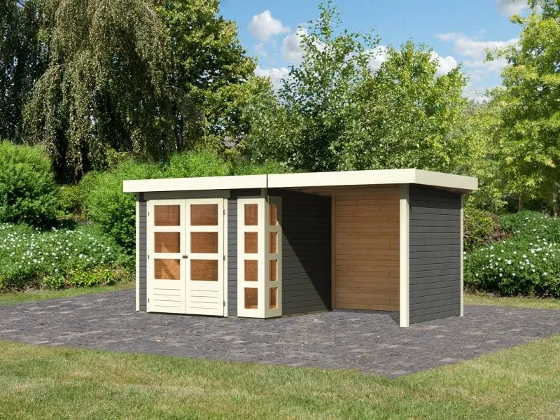 Karibu Gartenhaus Kerko 3 in terragrau mit 2,40 m Anbaudach und Rück-und Seitenwänden