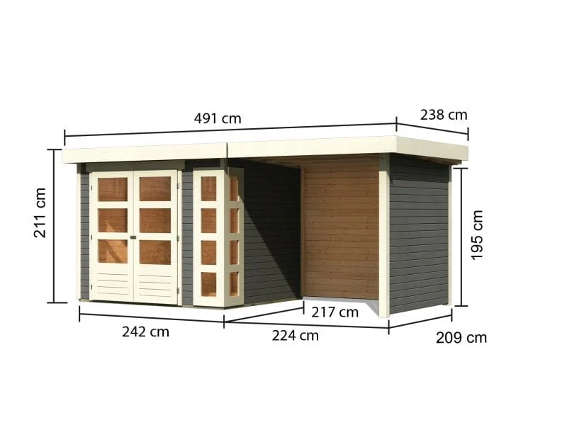 Karibu Gartenhaus Kerko 3 in terragrau mit 2,40 m Anbaudach und Rück-und Seitenwänden