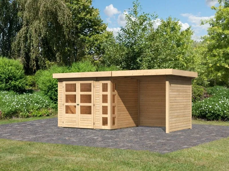 Karibu Gartenhaus Kerko 3 natur mit 2,40 m Anbaudach und Rück-und Seitenwänden
