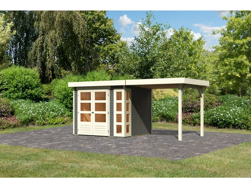 Karibu Gartenhaus Kerko 3 terragrau mit 2,40 m Anbaudach