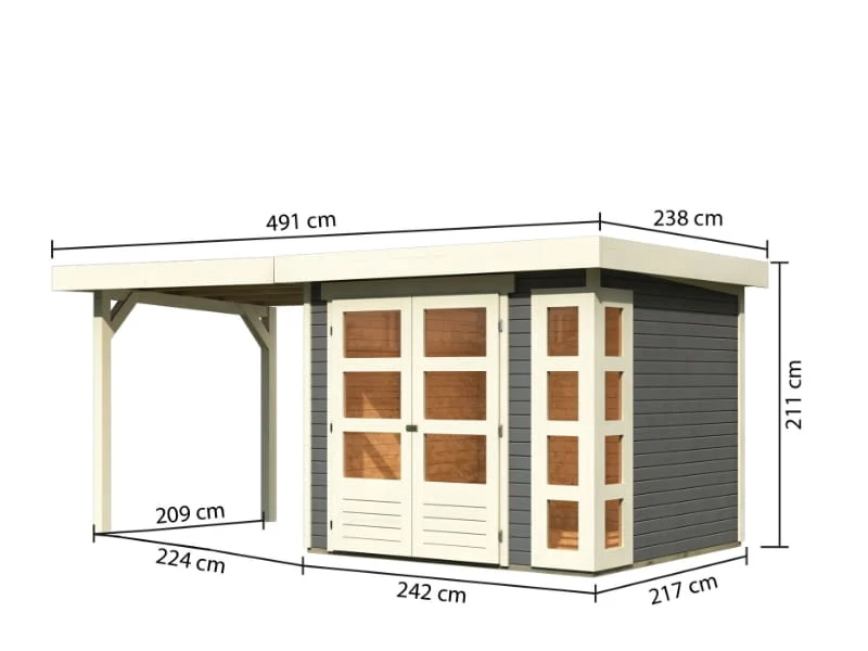 Karibu Gartenhaus Kerko 3 terragrau mit 2,40 m Anbaudach