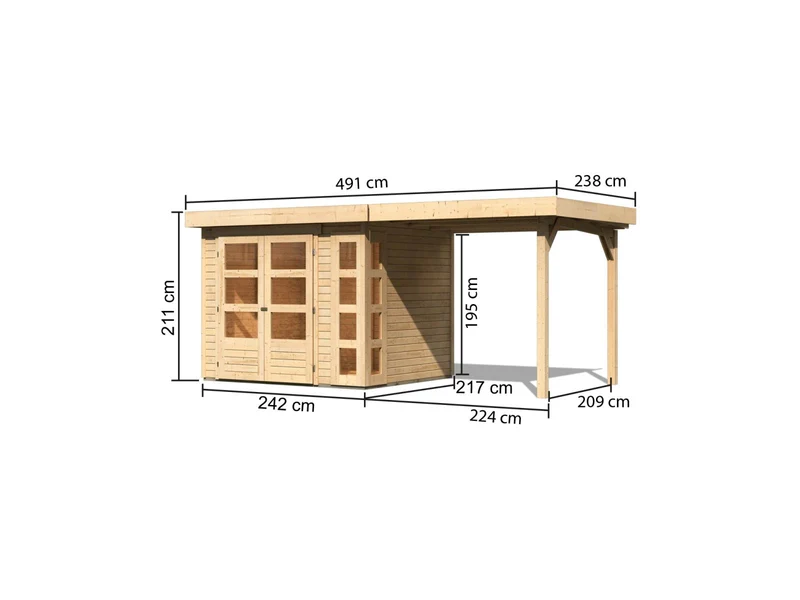 Karibu Gartenhaus Kerko 3 natur mit 2,40 m Anbaudach