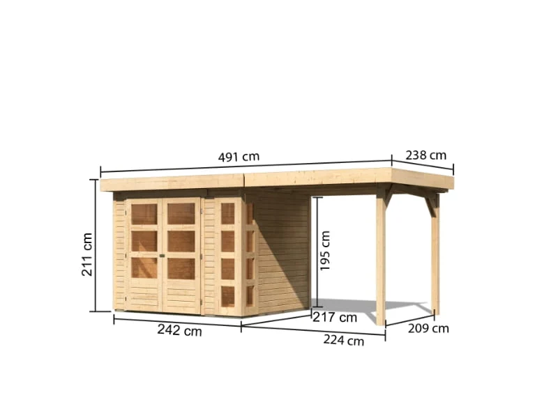 Karibu Gartenhaus Kerko 3 natur mit 2,40 m Anbaudach