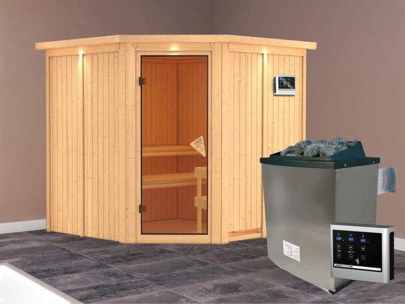 Jarin - Karibu Sauna inkl. 9-kW-Ofen - mit Dachkranz -